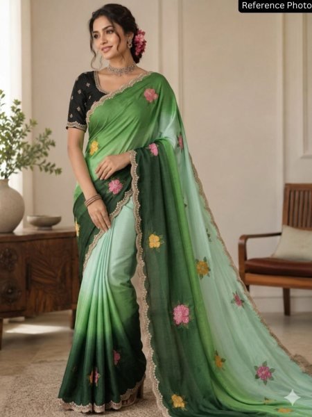Advanced Green Chinon Padding Embroidered Saree for Festive and Party Wear Embroidery Sarees Wholesale
