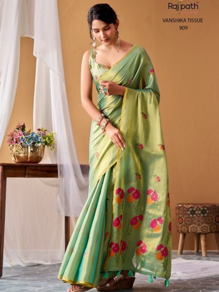 Advanced Green Designer Tissue Silk Saree with Elegant Woven Pattern and Blouse Silk Sarees Wholesale