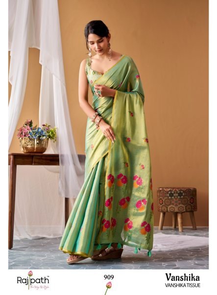 Advanced Green Designer Tissue Silk Saree with Elegant Woven Pattern and Blouse Silk Sarees Wholesale