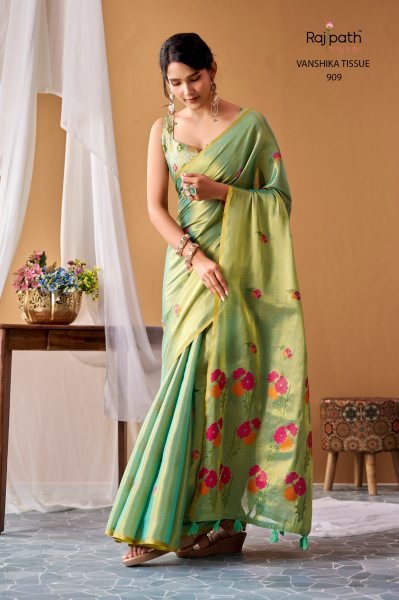 Advanced Green Designer Tissue Silk Saree with Elegant Woven Pattern and Blouse Silk Sarees Wholesale
