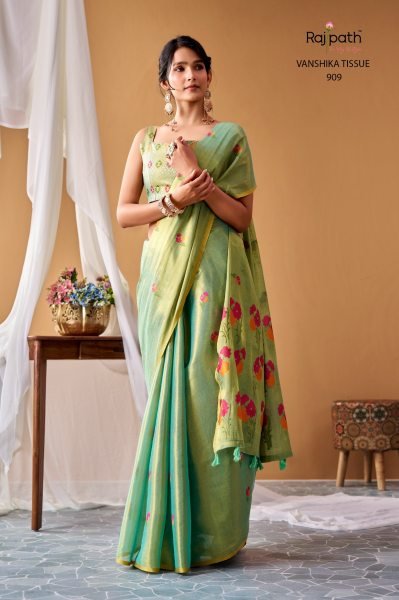 Advanced Green Designer Tissue Silk Saree with Elegant Woven Pattern and Blouse Silk Sarees Wholesale