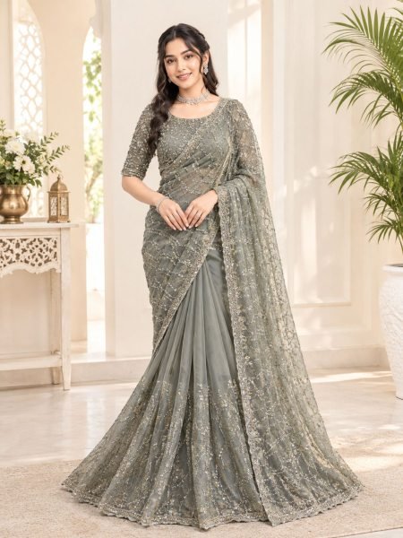 Advanced Grey Fendy Silk Saree with Heavy Beads and Sequin Work for Wedding Sarees 