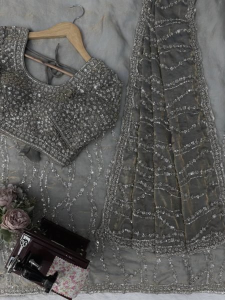 Advanced Grey Fendy Silk Saree with Heavy Beads and Sequin Work for Wedding Silk Sarees Wholesale