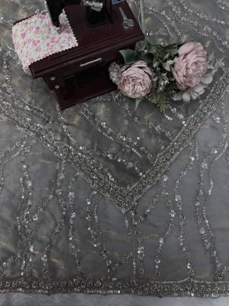 Advanced Grey Fendy Silk Saree with Heavy Beads and Sequin Work for Wedding Silk Sarees Wholesale
