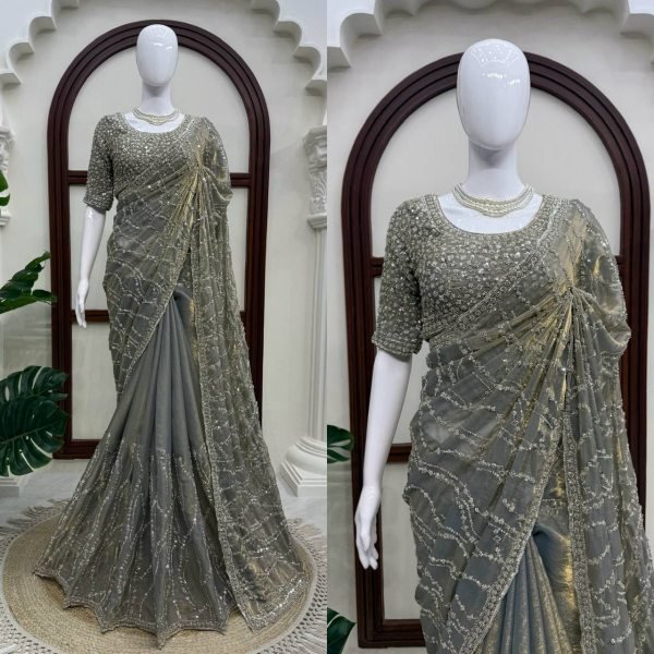 Advanced Grey Fendy Silk Saree with Heavy Beads and Sequin Work for Wedding Silk Sarees Wholesale