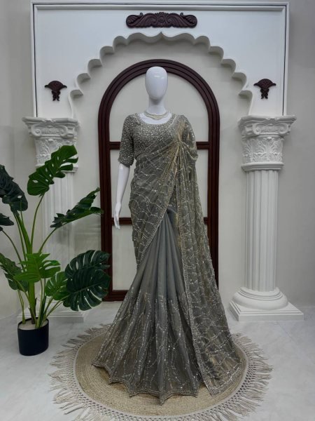 Advanced Grey Fendy Silk Saree with Heavy Beads and Sequin Work for Wedding Silk Sarees Wholesale