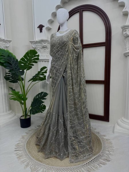 Advanced Grey Fendy Silk Saree with Heavy Beads and Sequin Work for Wedding Silk Sarees Wholesale