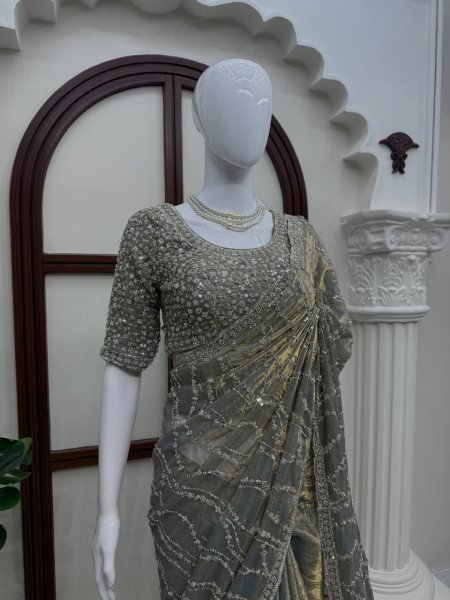 Advanced Grey Fendy Silk Saree with Heavy Beads and Sequin Work for Wedding Silk Sarees Wholesale
