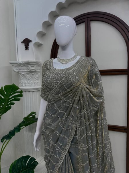Advanced Grey Fendy Silk Saree with Heavy Beads and Sequin Work for Wedding Silk Sarees Wholesale