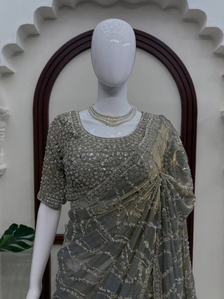 Advanced Grey Fendy Silk Saree with Heavy Beads and Sequin Work for Wedding Silk Sarees Wholesale