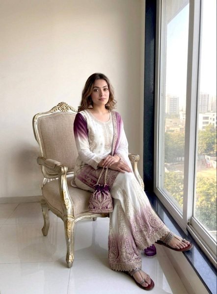 Advanced Lavender Dual Tone Star Georgette Suit Set with Jarkhan Diamond Work Ready To Wear Collection