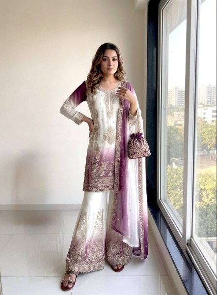 Advanced Lavender Dual Tone Star Georgette Suit Set with Jarkhan Diamond Work Ready To Wear Collection