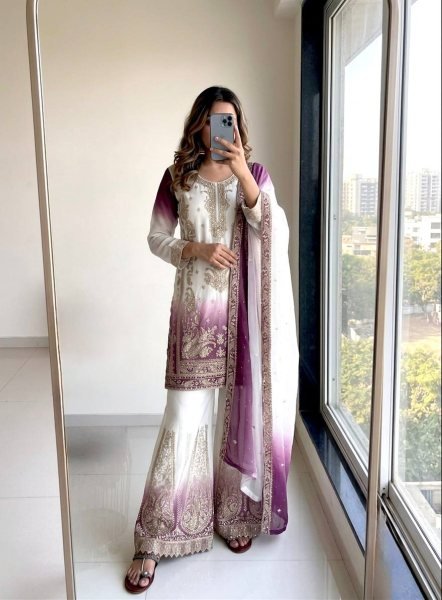 Advanced Lavender Dual Tone Star Georgette Suit Set with Jarkhan Diamond Work Ready To Wear Collection