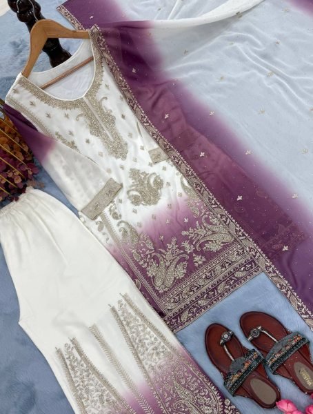 Advanced Lavender Dual Tone Star Georgette Suit Set with Jarkhan Diamond Work Ready To Wear Collection