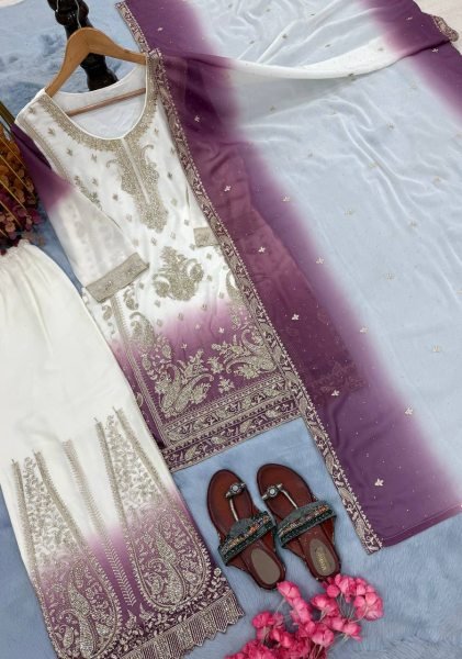Advanced Lavender Dual Tone Star Georgette Suit Set with Jarkhan Diamond Work Ready To Wear Collection