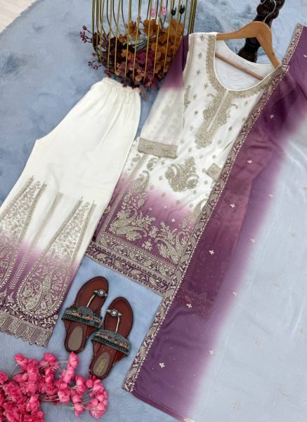 Advanced Lavender Dual Tone Star Georgette Suit Set with Jarkhan Diamond Work Ready To Wear Collection