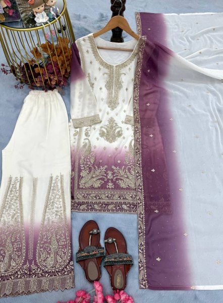 Advanced Lavender Dual Tone Star Georgette Suit Set with Jarkhan Diamond Work Ready To Wear Collection