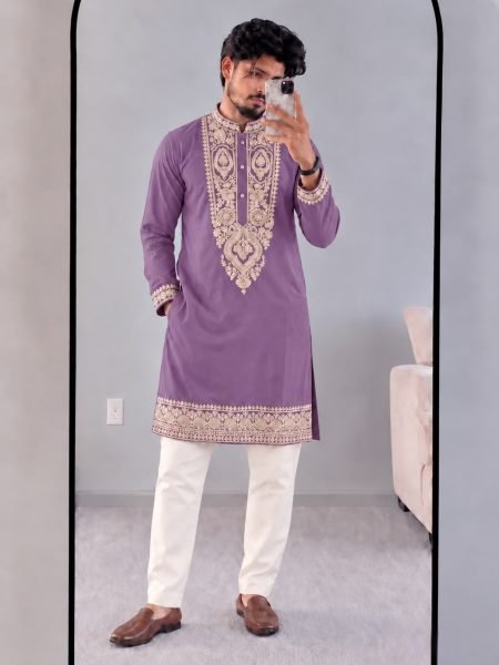 Advanced Lavender Party Wear Armani Lachko Embroidered Kurta Pyjama for Men 