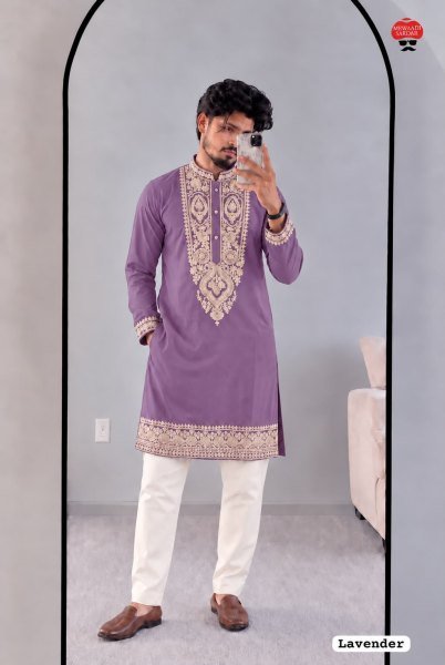 Advanced Lavender Party Wear Armani Lachko Embroidered Kurta Pyjama for Men Kurta Pajama Wholesale