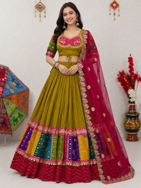 Advanced Mahendi Green Cotton Chaniya Choli With Blouse For Navarati Night  Lehenga