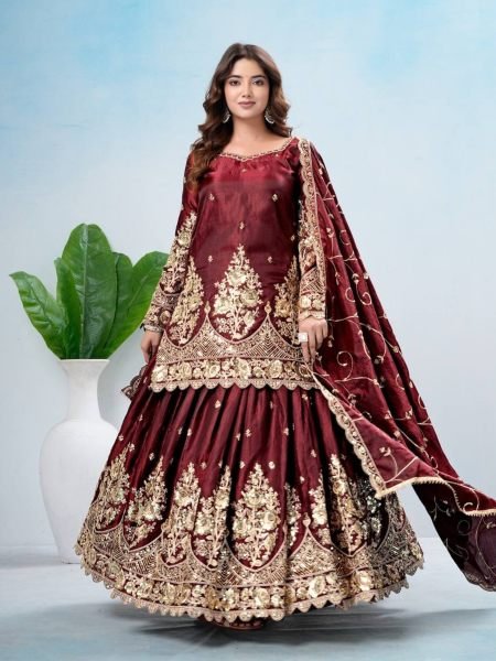 Advanced Maroon Designer Jelly Shimmer Silk Lehenga Set with Embroidered Dupatta 