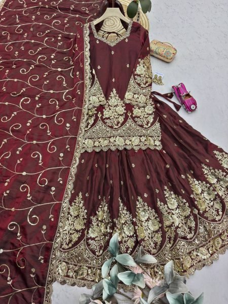 Advanced Maroon Designer Jelly Shimmer Silk Lehenga Set with Embroidered Dupatta Ready To Wear Collection