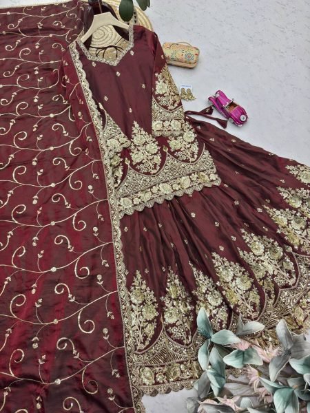 Advanced Maroon Designer Jelly Shimmer Silk Lehenga Set with Embroidered Dupatta Ready To Wear Collection