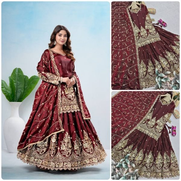 Advanced Maroon Designer Jelly Shimmer Silk Lehenga Set with Embroidered Dupatta Ready To Wear Collection