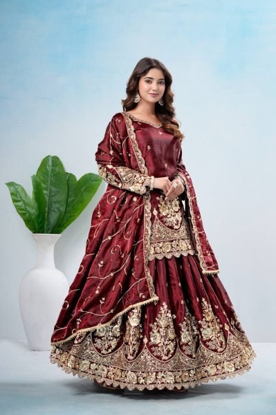 Advanced Maroon Designer Jelly Shimmer Silk Lehenga Set with Embroidered Dupatta Ready To Wear Collection