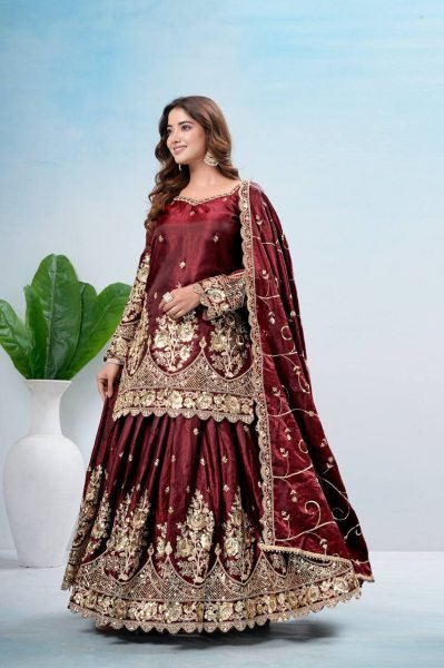 Advanced Maroon Designer Jelly Shimmer Silk Lehenga Set with Embroidered Dupatta Ready To Wear Collection