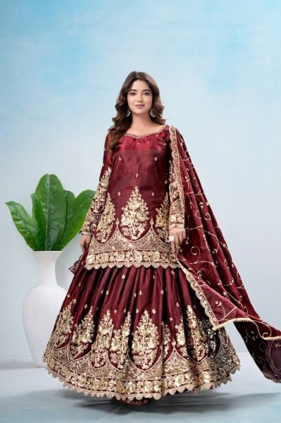 Advanced Maroon Designer Jelly Shimmer Silk Lehenga Set with Embroidered Dupatta Ready To Wear Collection