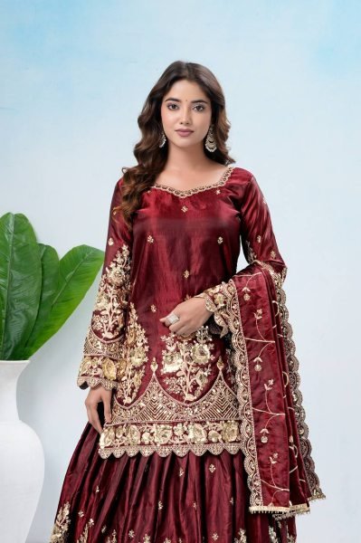 Advanced Maroon Designer Jelly Shimmer Silk Lehenga Set with Embroidered Dupatta Ready To Wear Collection