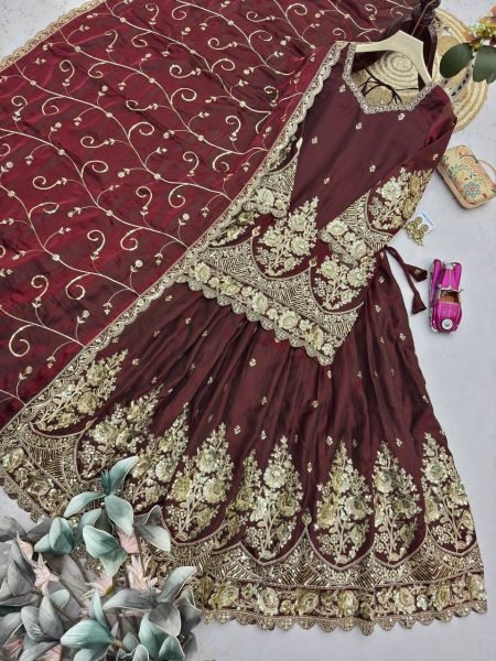 Advanced Maroon Designer Jelly Shimmer Silk Lehenga Set with Embroidered Dupatta Ready To Wear Collection