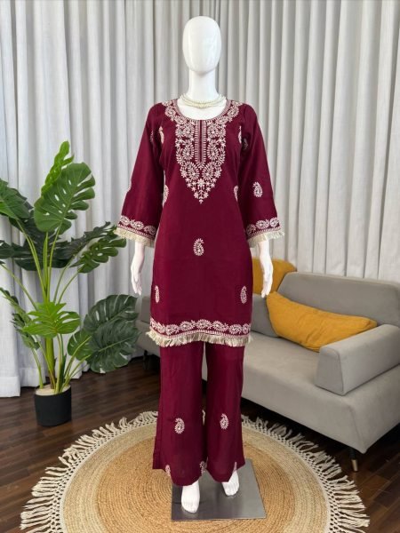 Advanced Maroon Slub Rayon Kurti Pant Set at Wholesale Rate for Women CO ORD Sets