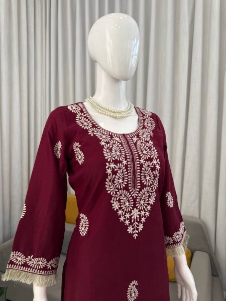 Advanced Maroon Slub Rayon Kurti Pant Set at Wholesale Rate for Women CO ORD Sets