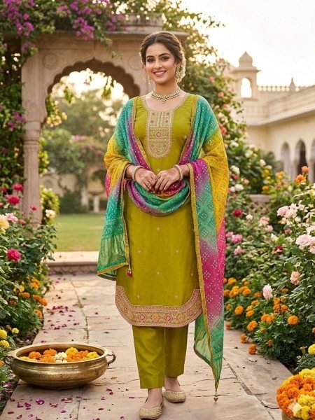 Advanced Mustard Yellow Pure Roman Silk Suit Fabric Set with Heavy Dal Santoon Bottom 