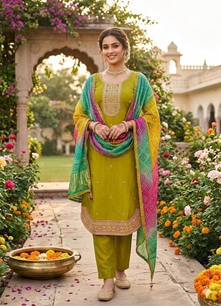 Advanced Mustard Yellow Pure Roman Silk Suit Fabric Set with Heavy Dal Santoon Bottom Color Set Matching Dress Material Wholesale