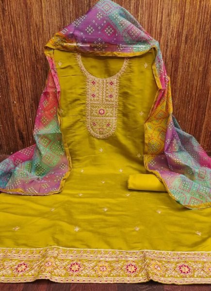 Advanced Mustard Yellow Pure Roman Silk Suit Fabric Set with Heavy Dal Santoon Bottom Color Set Matching Dress Material Wholesale
