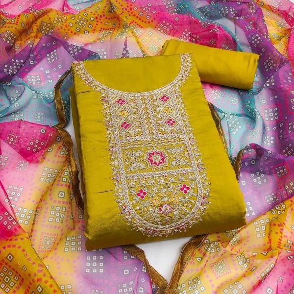 Advanced Mustard Yellow Pure Roman Silk Suit Fabric Set with Heavy Dal Santoon Bottom Color Set Matching Dress Material Wholesale