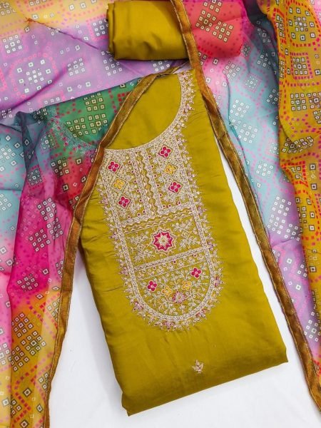Advanced Mustard Yellow Pure Roman Silk Suit Fabric Set with Heavy Dal Santoon Bottom Color Set Matching Dress Material Wholesale