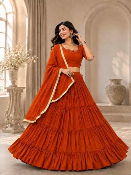 Advanced Orange Rayon Cotton Lehenga Choli with Stitched Blouse For Dandhiya Night  Lehenga