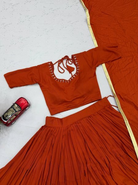 Advanced Orange Rayon Cotton Lehenga Choli with Stitched Blouse For Dandhiya Night Navratri Lehnega Choli