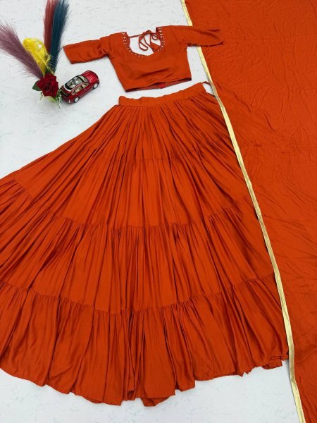 Advanced Orange Rayon Cotton Lehenga Choli with Stitched Blouse For Dandhiya Night Navratri Lehnega Choli