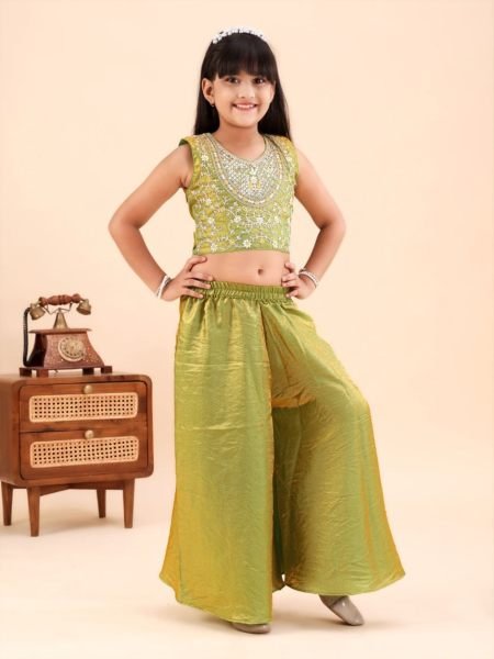 Advanced Parrot Green Sleeveless Sindoor Mono Embroidered Top with Matching Plazo 