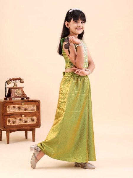 Advanced Parrot Green Sleeveless Sindoor Mono Embroidered Top with Matching Plazo Girls Wear