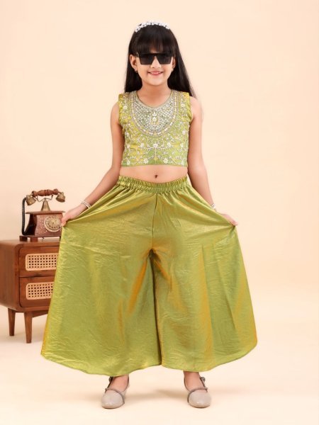 Advanced Parrot Green Sleeveless Sindoor Mono Embroidered Top with Matching Plazo Girls Wear