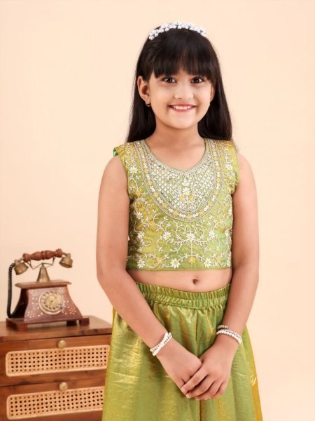 Advanced Parrot Green Sleeveless Sindoor Mono Embroidered Top with Matching Plazo Girls Wear