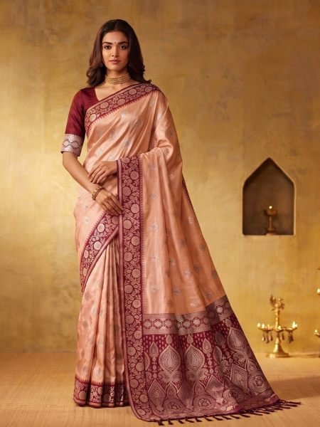 Advanced Peach Silk Blend Saree with Rich Zari Work and Contrast Border at Wholesale Rate 