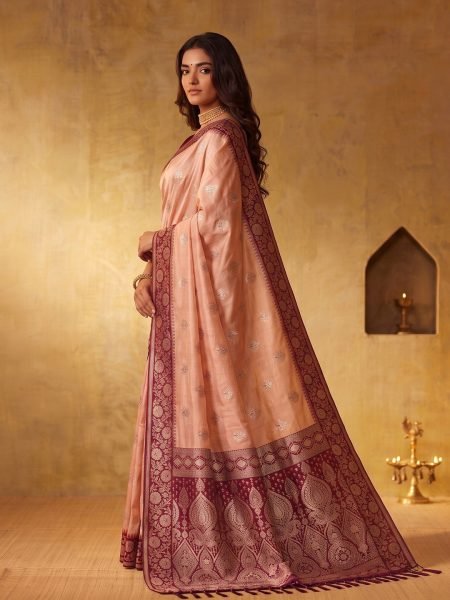 Advanced Peach Silk Blend Saree with Rich Zari Work and Contrast Border at Wholesale Rate Silk Sarees Wholesale