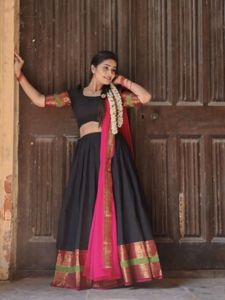 Advanced Pink Black Kanchi Cotton Lehenga Choli with Plain Georgette Lace Border Dupatta  Lehenga